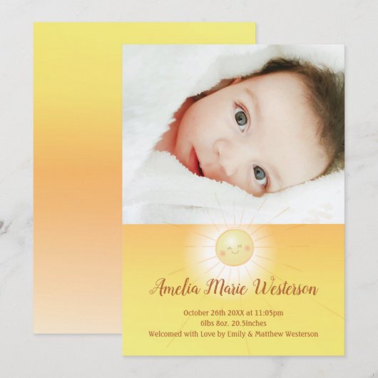 Little Ray of Sunshine Baby Faire-part de naissanc (Devant / Derrière)