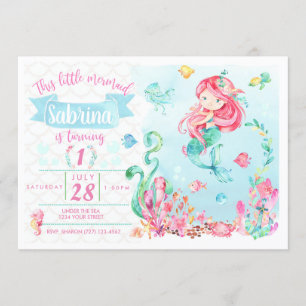 Little Red Head Mermaid Verjaardag Uitnodiging