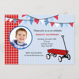Little Red Wagon Photo Birthday Party Invitations Kaart