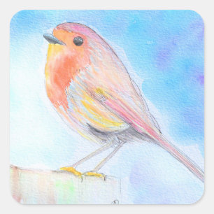 Little Robin Waterverf Painting Vierkante Sticker