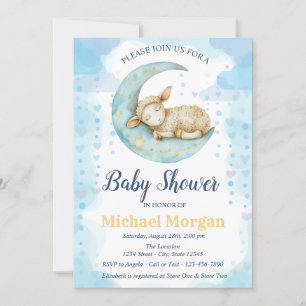 Little Sheep Moon Hearts Blue Baby Shower Kaart