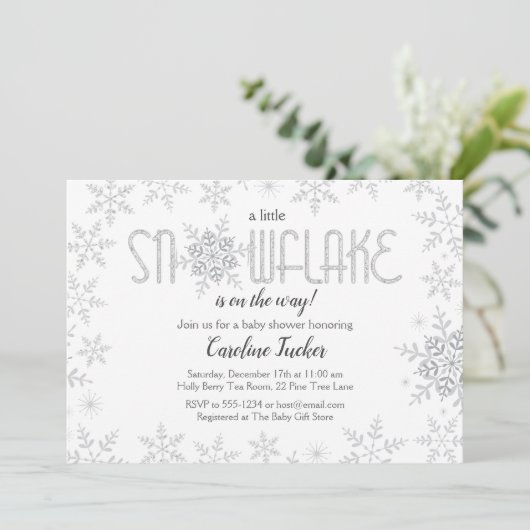 Little Snowflake Baby shower Grijs & Silver Glitte Kaart (Staand voorkant)