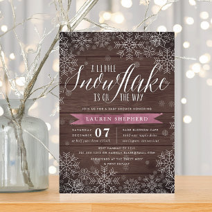 Little Snowflake Plum Rustic Wood Baby shower Kaart