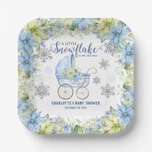 Little Snowflake Winter Bloemenblauw Baby shower Papieren Bordje