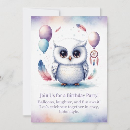 Little Snowy Owl Birthday Invitation Boho (Devant)