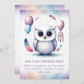 Little Snowy Owl Birthday Invitation Boho (Devant / Derrière)