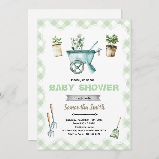 Little Sprout gardening baby shower invitation (Devant / Derrière)