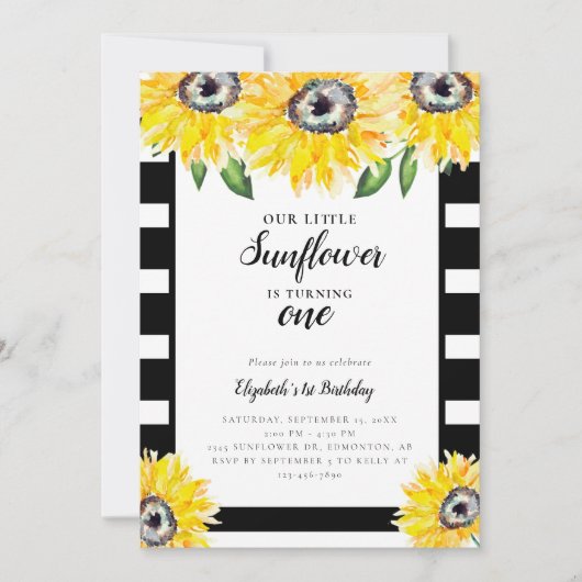 Little Sunflower First Birthday Black Stripes Kaart (Voorkant)