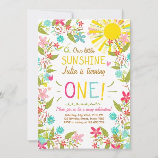 Little Sunshine Birthday Party Invitation Floral Kaart (Voorkant)