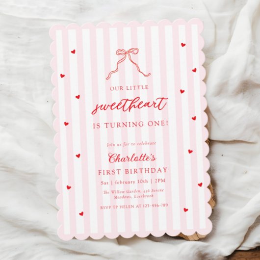Little Sweetheart Bow First Birthday Invitation