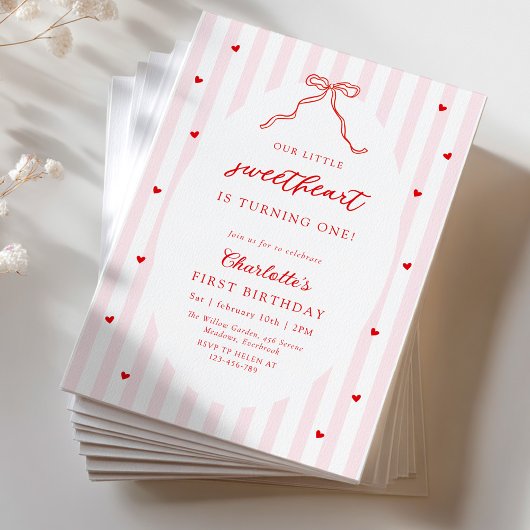 Little Sweetheart Bow First Birthday Invitation Kaart