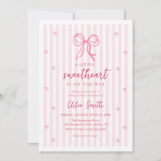 Little Sweetheart Pink Bow Baby Shower Invitation (Devant)