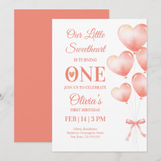 Little Sweetheart Turns One Baby Girl Invitation Kaart