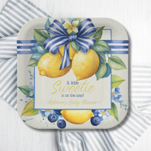 Little Sweetie Blue Bow Tegel Citroen Baby shower Papieren Bordje