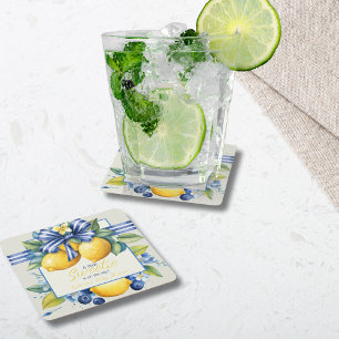 Little Sweetie Blue Bow Tegel Citroen Baby shower Vierkante Kartonnen Onderzetter