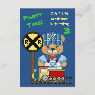 Little Train Engineer Teddy Bear Birthday Party Kaart