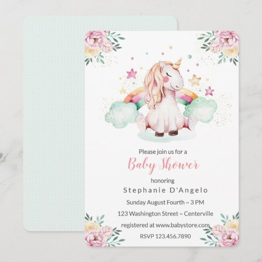 Little Unicorn Baby shower Invitation Kaart (Voorkant / Achterkant)
