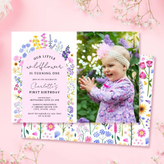 Little Wildflower Baby Girl 1e verjaardag foto Kaart