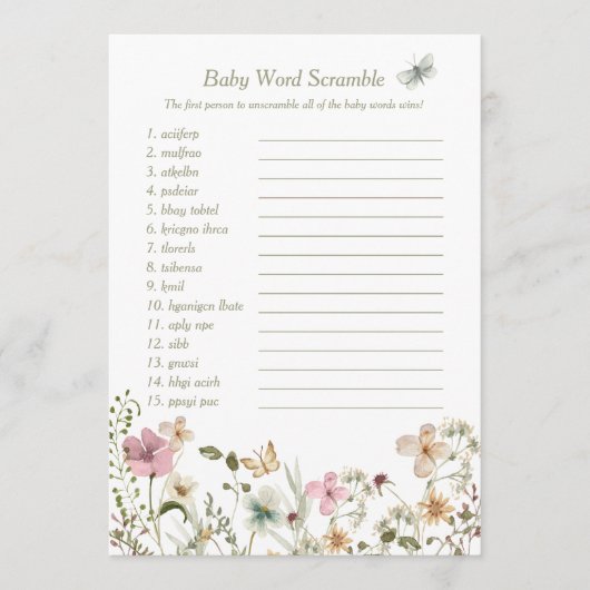 Little Wildflower Baby Word Scramble Game Kaart (Voorkant)
