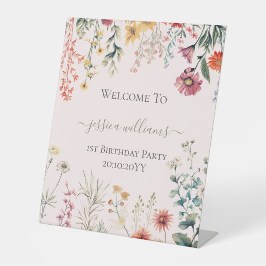 Little Wildflower draaien een 1e verjaardag Welkom Reclamebord Met Voetstuk (Voorkant)