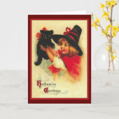 Little Witch en Black Cat Halloween Kaart (Gele Bloem)