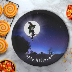 Little Witch Full Moon Night Happy Halloween Party Papieren Bordje