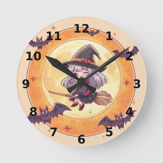 Little Witch Halloween Wall Clock Ronde Klok (Voorkant)