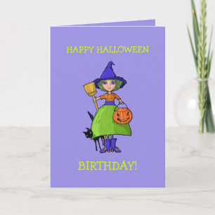 Little Witch paarse Halloween Verjaardag Kaart
