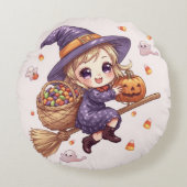 Little Witch with Pumpkin Round Pillow Rond Kussen (Voorkant)