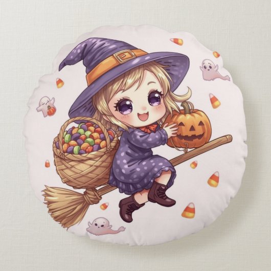 Little Witch with Pumpkin Round Pillow Rond Kussen (Voorkant)