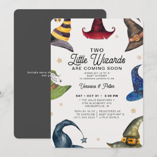 Little Wizards Twin Boy Gray Halloween Baby shower Kaart