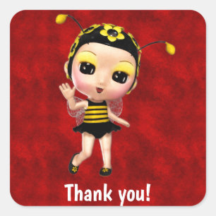 Little Yellow Bumblebee Fairy Doll op Red Velvet Vierkante Sticker