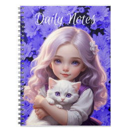 LittleGirl White Kitten Purple Flowers Notitieboek