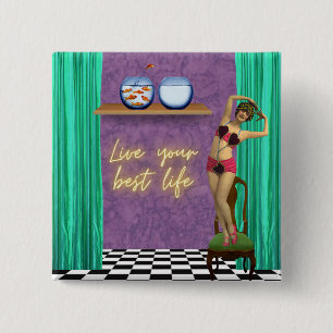 Live Best Life Funky  Kitsch Vierkante Button 5,1 Cm