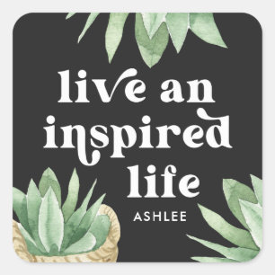 Live en geïnspireerd leven Succulent Black en Whit Vierkante Sticker