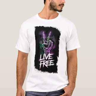 Live Free Neon Skeleton Hand Design T-shirt