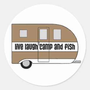 "Live, Laugh, Camp and Fish" Ronde Sticker