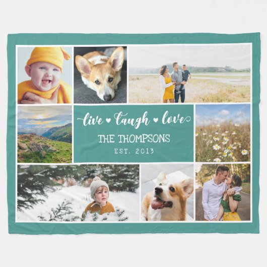 Live Laugh Love Blauwgroen Photo Collage Fleece Deken (Voorkant (Horizontaal))