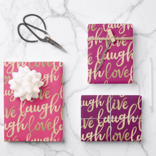 Live Laugh Love Faux Gold Lettering Pattern Inpakpapier Vel