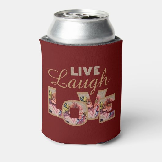 Live, Laugh, Love Rustic Floral on Burgundy Blikjeskoeler (Blikje Achterkant)