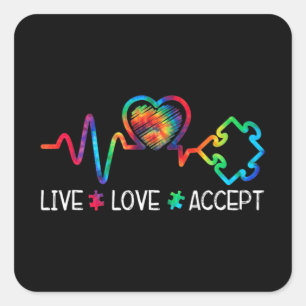 Live Love Accepteer Autism Awareness Heart Beat Ma Vierkante Sticker