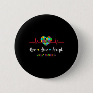 Live Love Accepteer Autisme Awareness Heartbeat Bl Ronde Button 5,7 Cm