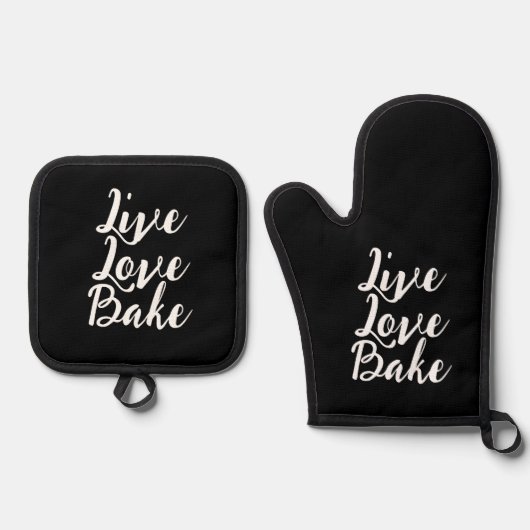 Live Love Bake Grappig Zwart Wit Modern Script Ovenwant & Pannenlap Set (Voorkant)