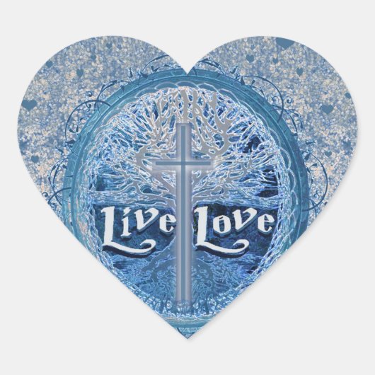 Live Love Cross Blue Tree of Life Pattern Hart Sticker (Voorkant)