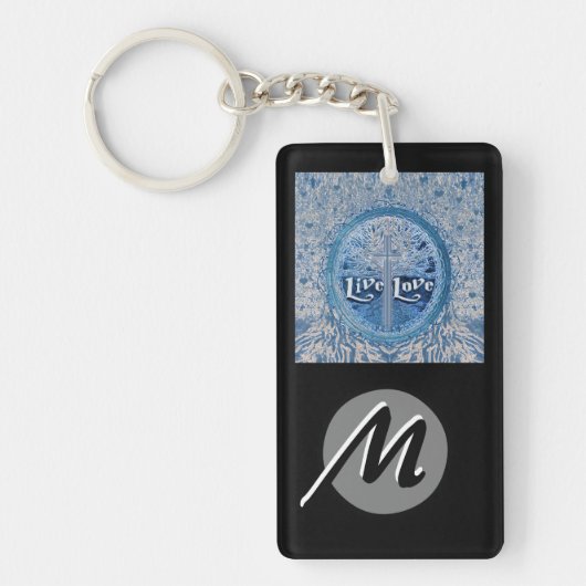 Live Love Cross Blue Tree of Life Pattern Sleutelhanger (Voorkant)