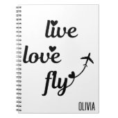 Live Love Fly Typography & Hearts, Vliegtuig Vlieg Notitieboek (Voorkant)