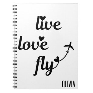 Live Love Fly Typography & Hearts, Vliegtuig Vlieg Notitieboek