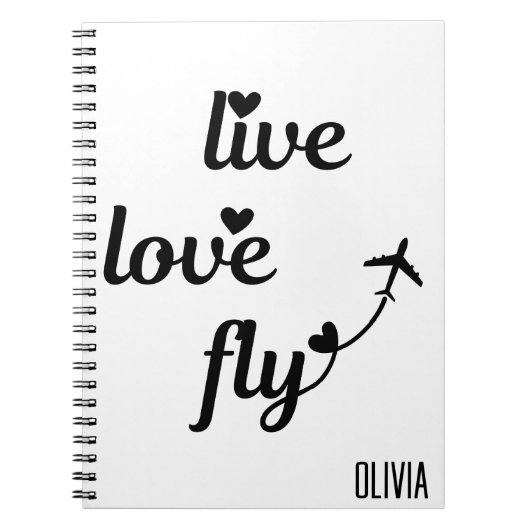 Live Love Fly Typography & Hearts, Vliegtuig Vlieg Notitieboek (Voorkant)