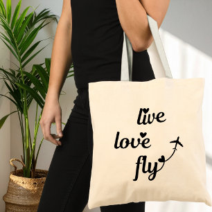 Live Love Fly Typography & Hearts, Vliegtuig Vlieg Tote Bag