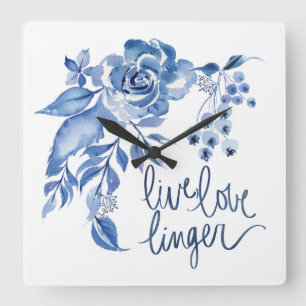 Live Love Linger   Blauwe Roos Floral Vierkante Klok